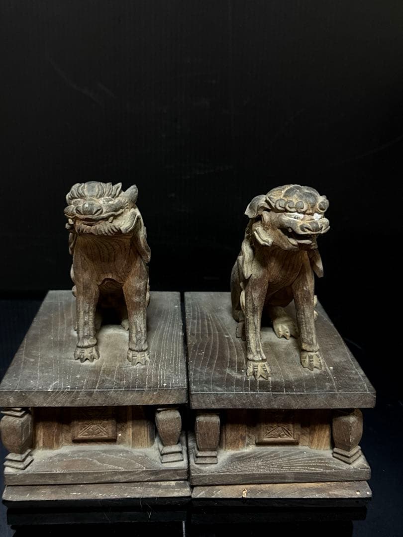 江戸期 安政六年 江州彦根 彫工師 西川重◯ 作 木彫 狛犬 獅子 一対