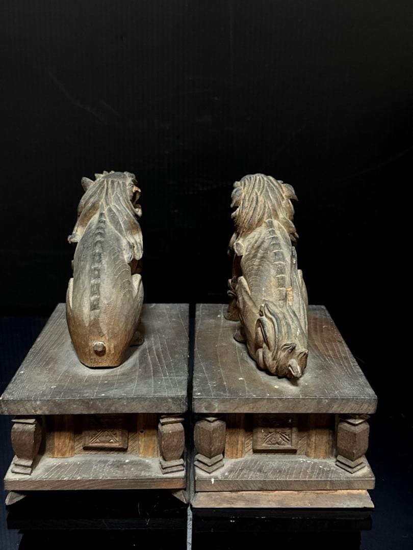 江戸期 安政六年 江州彦根 彫工師 西川重◯ 作 木彫 狛犬 獅子 一対