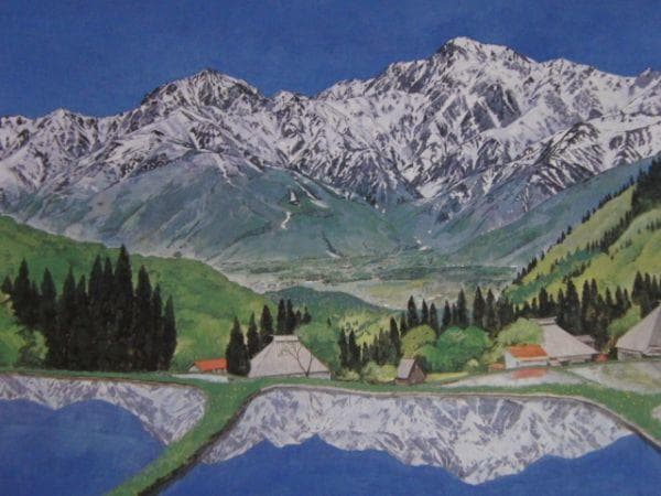 岡田眞治、【白馬早春】、希少な額装用画集より、状態良好、新品額装付