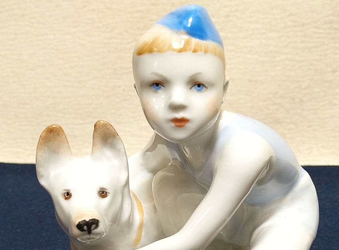 AJ20 ロモノーソフ 少年と犬 フィギュリン ソ連製 陶器 置物 美品