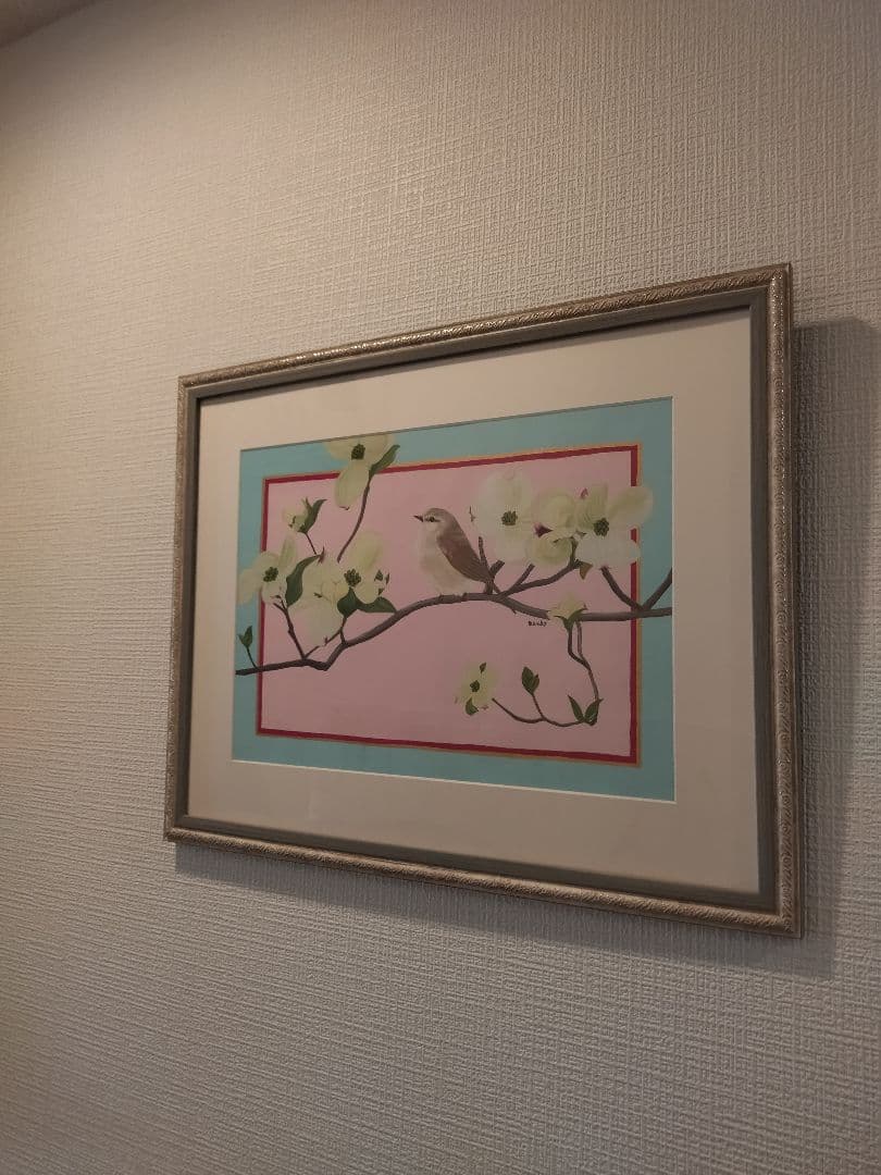 ウグイスとハナミズキ　ガッシュ画