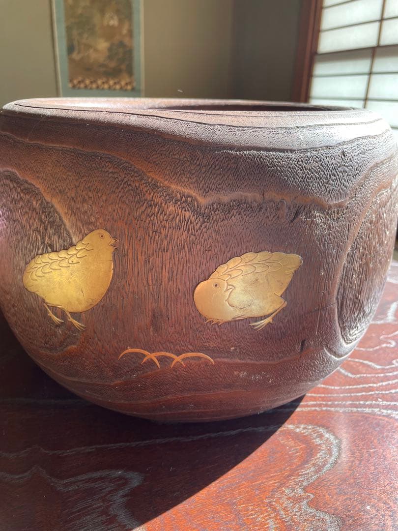 美品 時代 桐火鉢 秋草蒔絵 火鉢 螺鈿入り 茶道具 骨董品 木製火鉢 100