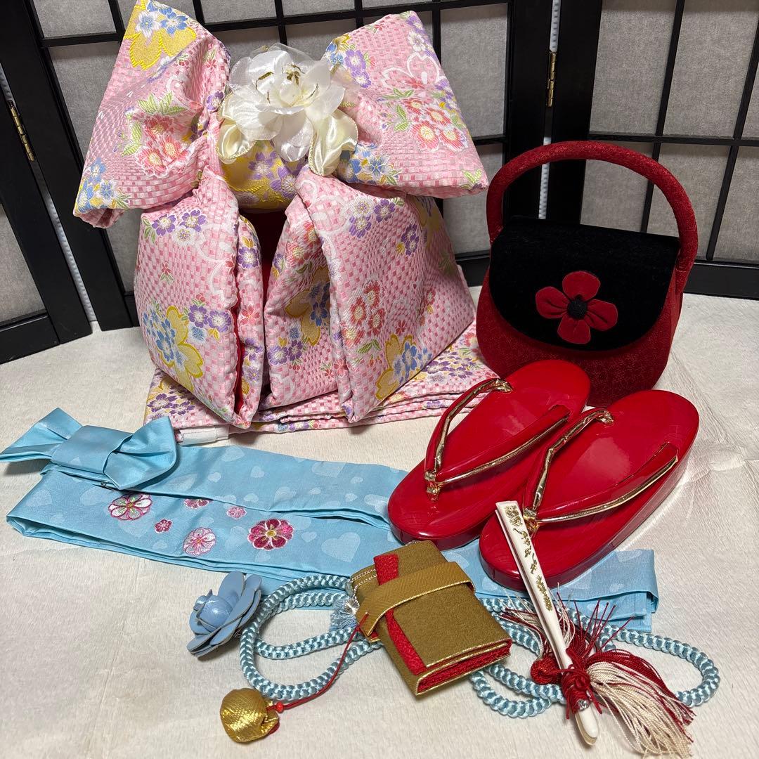 七五三　着物セット　7歳　ハーフ成人式　ブランド　ハッカキッズ　ピンク色　水色