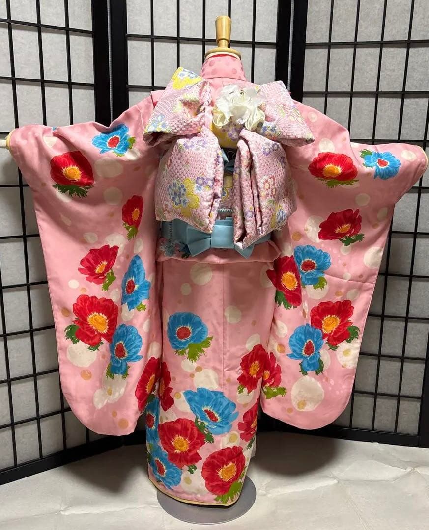 七五三　着物セット　7歳　ハーフ成人式　ブランド　ハッカキッズ　ピンク色　水色