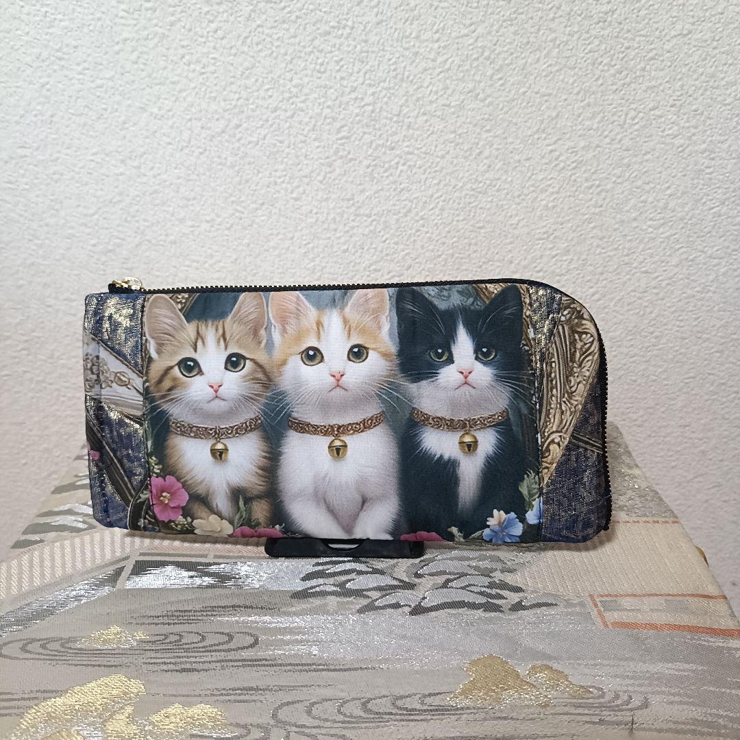 444】猫ちゃん柄パネル生地 帯 ハンドメイド L字型長財布ファスナー