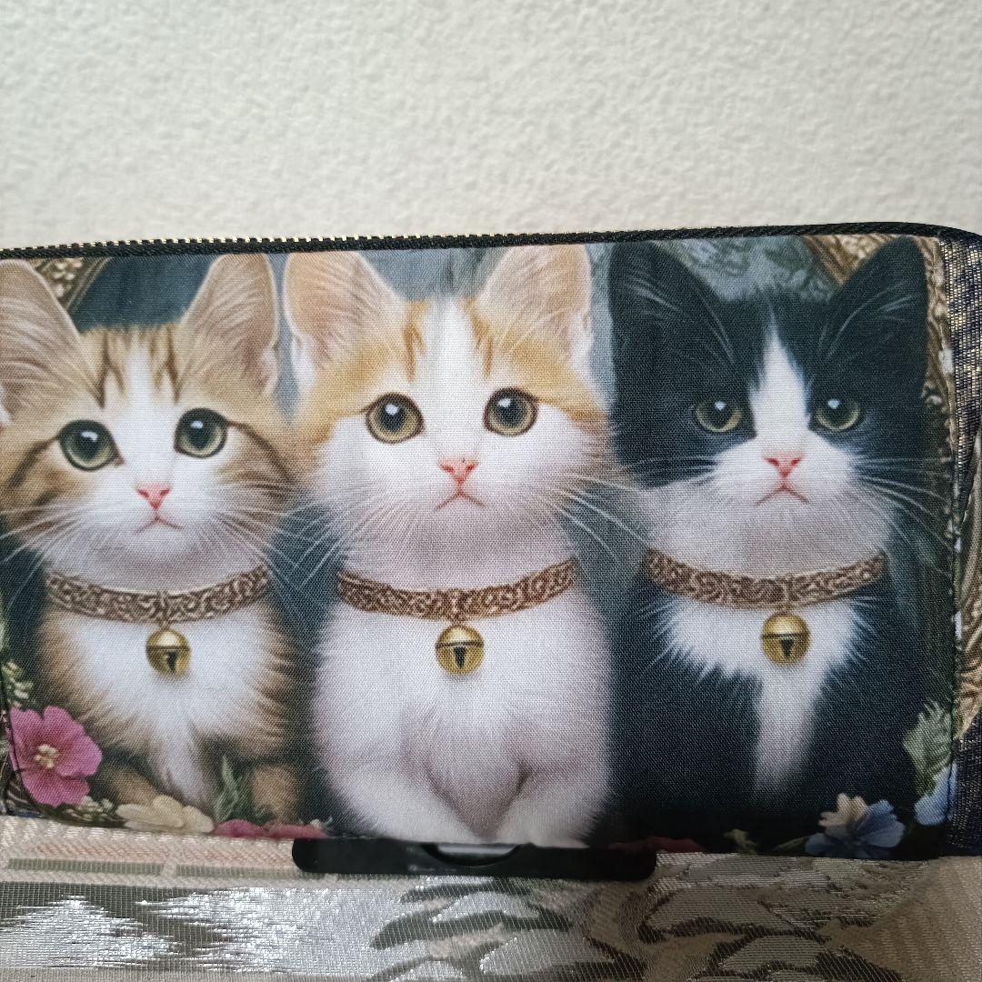 444】猫ちゃん柄パネル生地 帯 ハンドメイド L字型長財布ファスナー