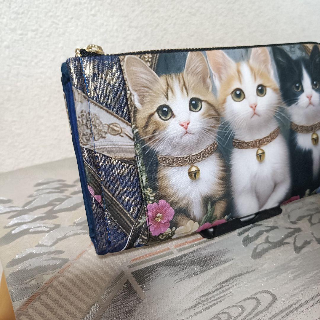 444】猫ちゃん柄パネル生地 帯 ハンドメイド L字型長財布ファスナー