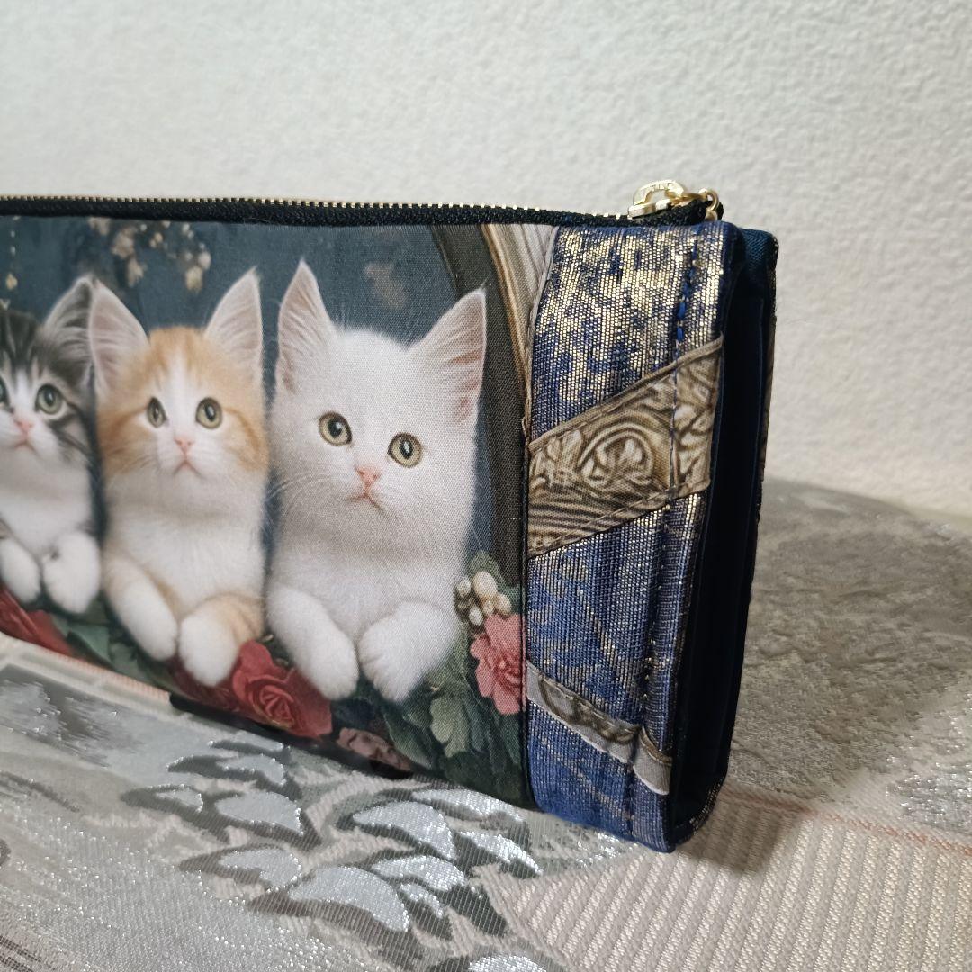 444】猫ちゃん柄パネル生地 帯 ハンドメイド L字型長財布ファスナー