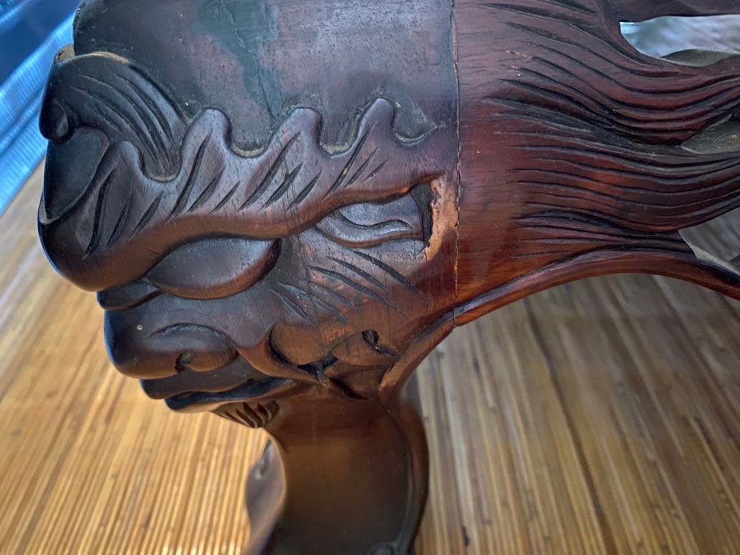 値下！高級唐木　獅子龍彫刻付漆仕上長座卓　150cm幅テーブル一枚板　ガラス板付