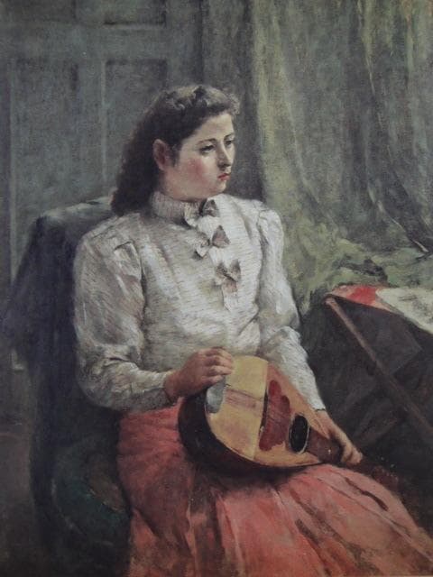 鬼頭鍋三郎、【マンドリンを持つ女】、希少な画集画、新品高級額 額装付