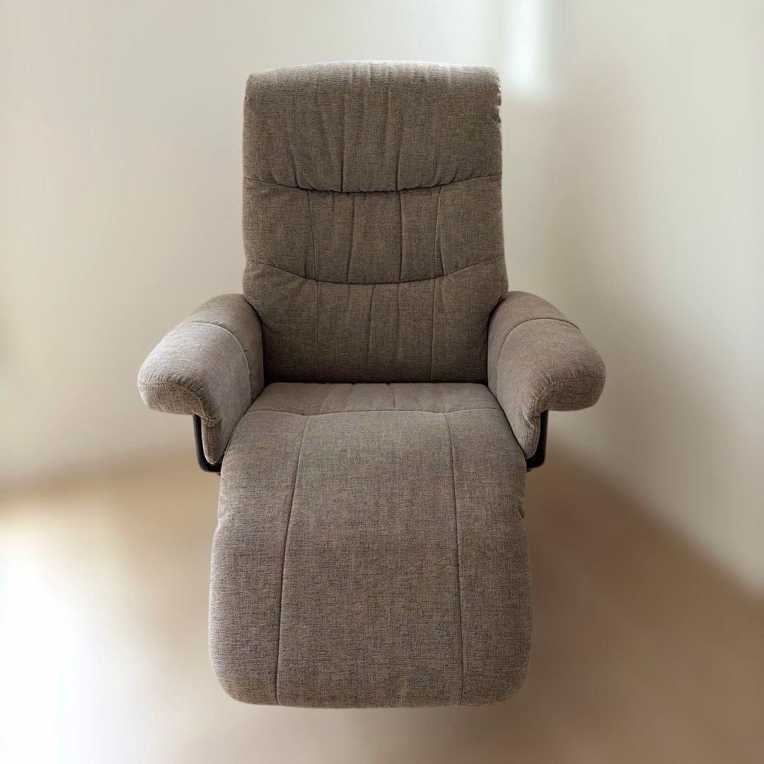 リクライニング一人ソファー フットレスト付ブラウン茶色オットマンパーソナルチェア