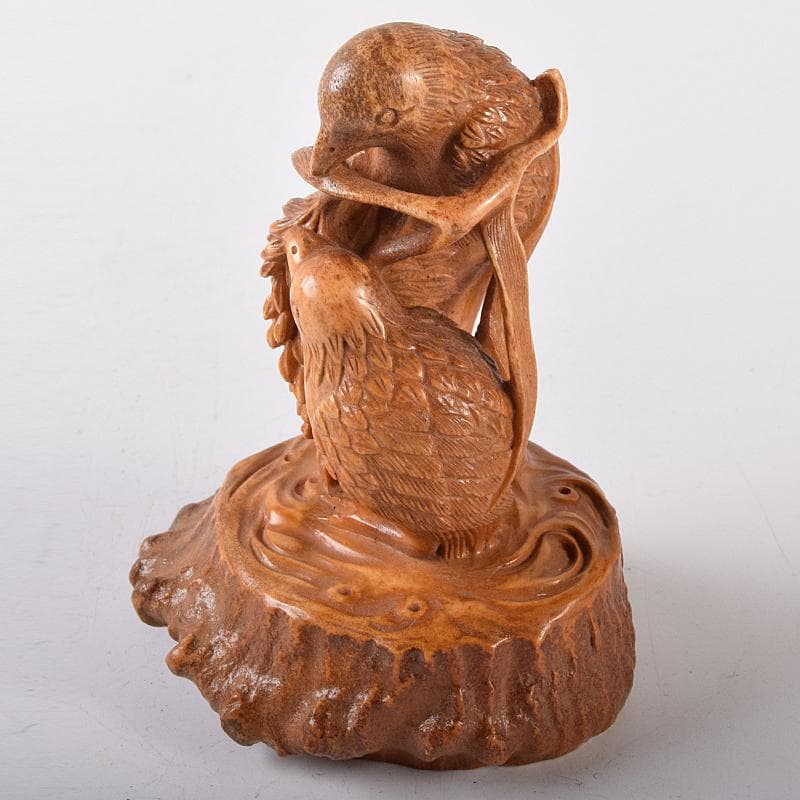 中国　鹿角細密雕　夫婦鶉　置物　箱付　7994E