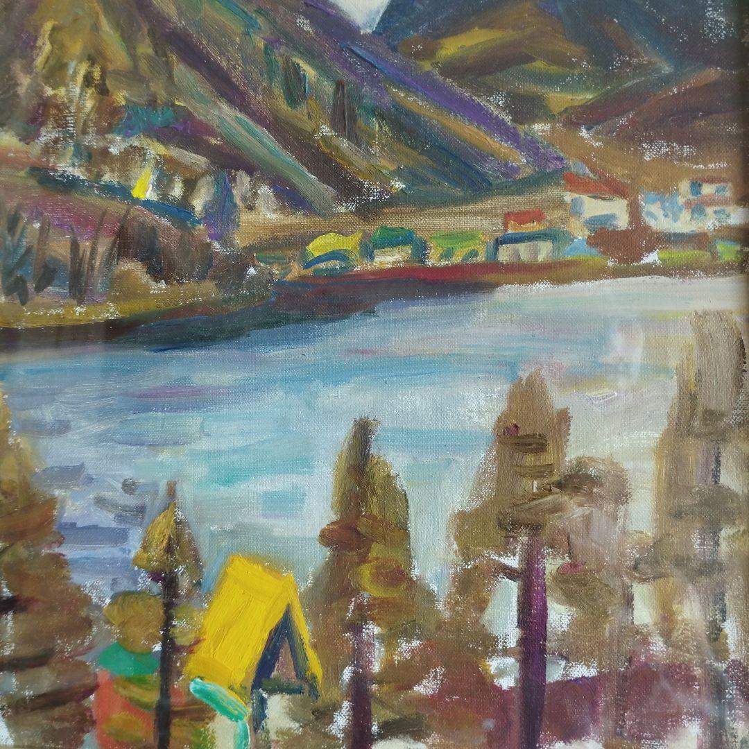 [真作]　朝比奈　文雄「榛名湖の秋」/油彩10号/日展評議員/豪華額装品