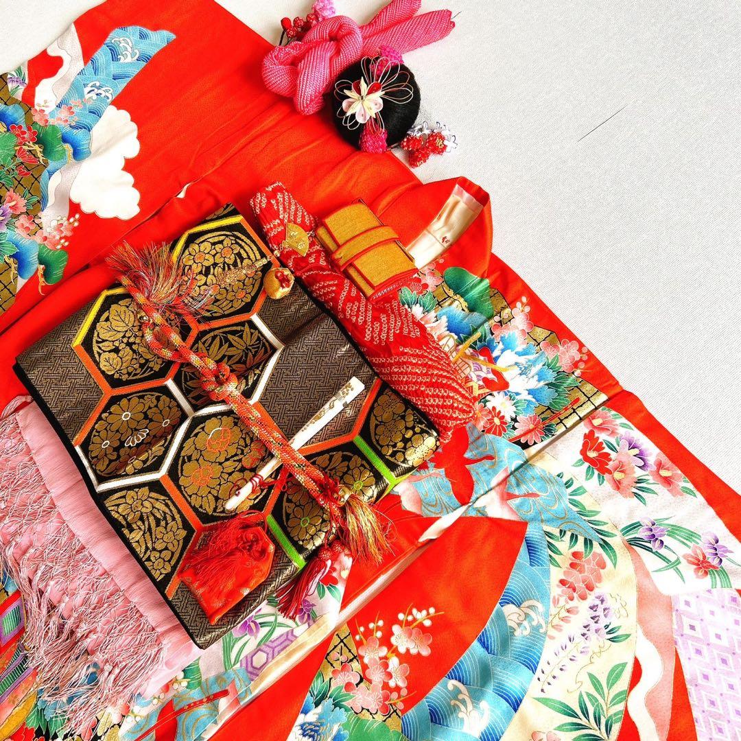 セット　七五三７歳女の子　着物＆帯＆長襦袢＆小物　オレンジ　花御所車　牡丹　鶴