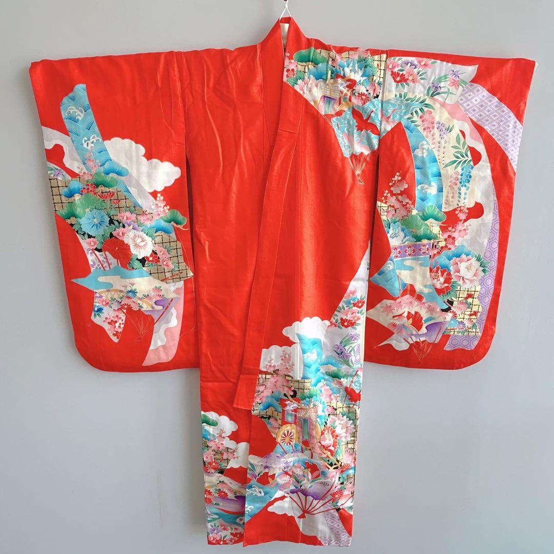 セット　七五三７歳女の子　着物＆帯＆長襦袢＆小物　オレンジ　花御所車　牡丹　鶴
