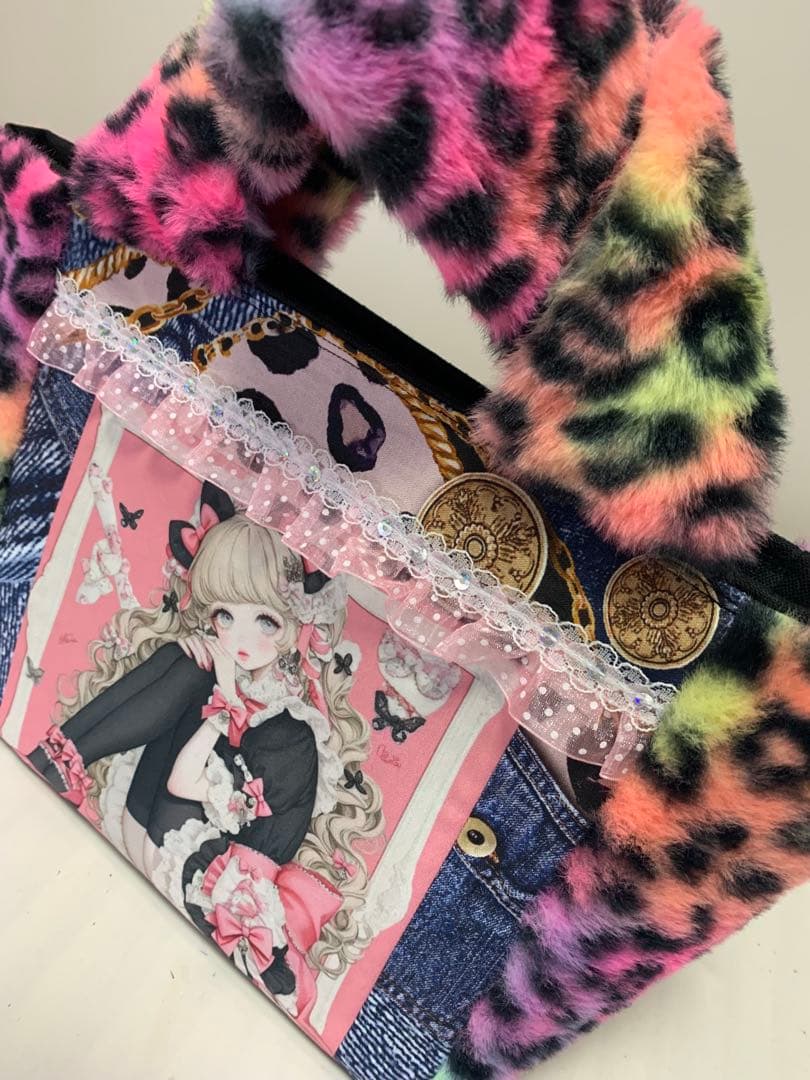 【確認用】バタフライレディカラフル豹柄ファーボックストート　ポーチ/マスコット付