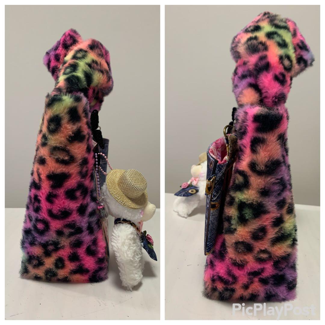 【確認用】バタフライレディカラフル豹柄ファーボックストート　ポーチ/マスコット付