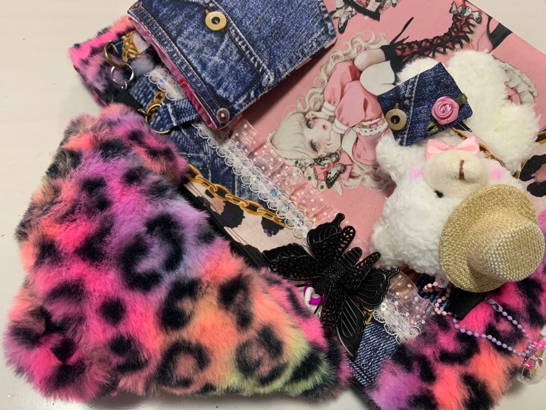 【確認用】バタフライレディカラフル豹柄ファーボックストート　ポーチ/マスコット付