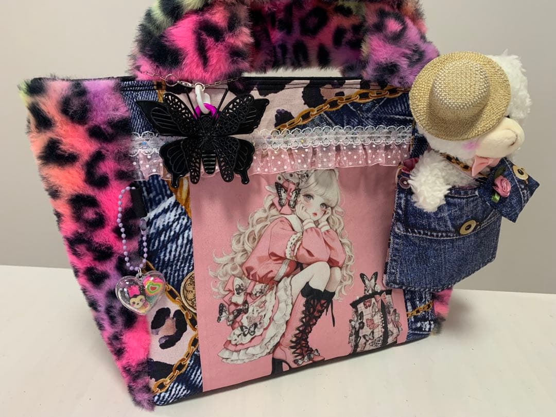 【確認用】バタフライレディカラフル豹柄ファーボックストート　ポーチ/マスコット付