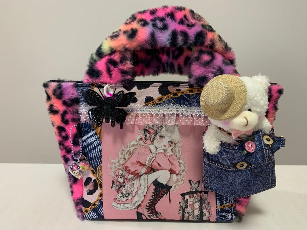 【確認用】バタフライレディカラフル豹柄ファーボックストート　ポーチ/マスコット付