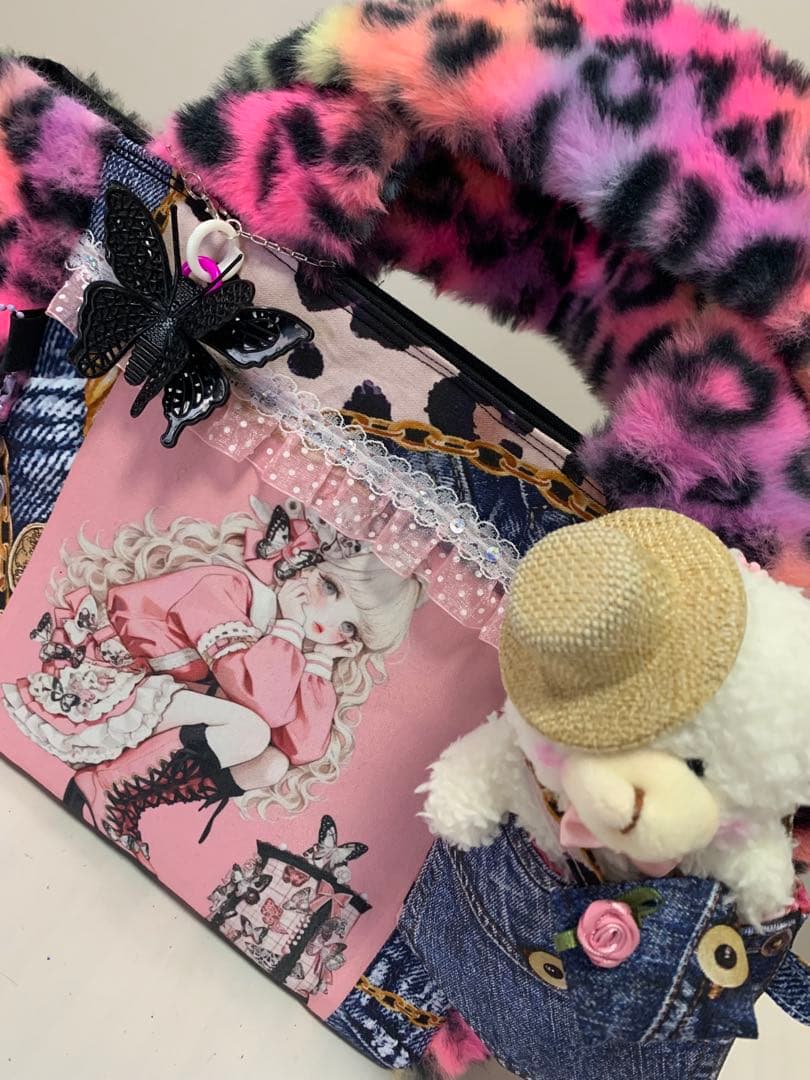 【確認用】バタフライレディカラフル豹柄ファーボックストート　ポーチ/マスコット付