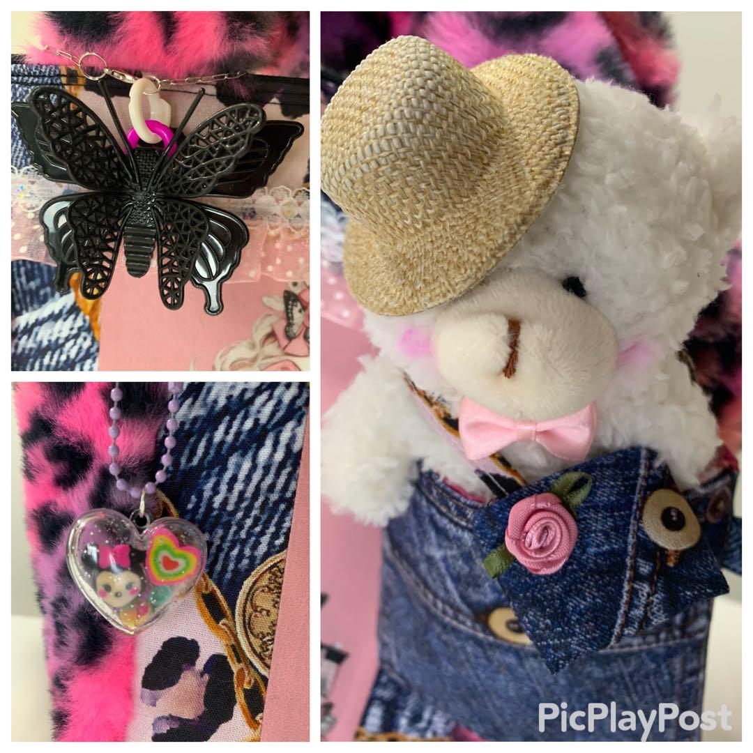 【確認用】バタフライレディカラフル豹柄ファーボックストート　ポーチ/マスコット付