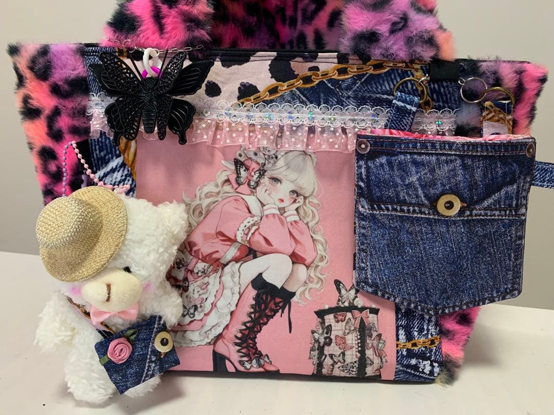 【確認用】バタフライレディカラフル豹柄ファーボックストート　ポーチ/マスコット付