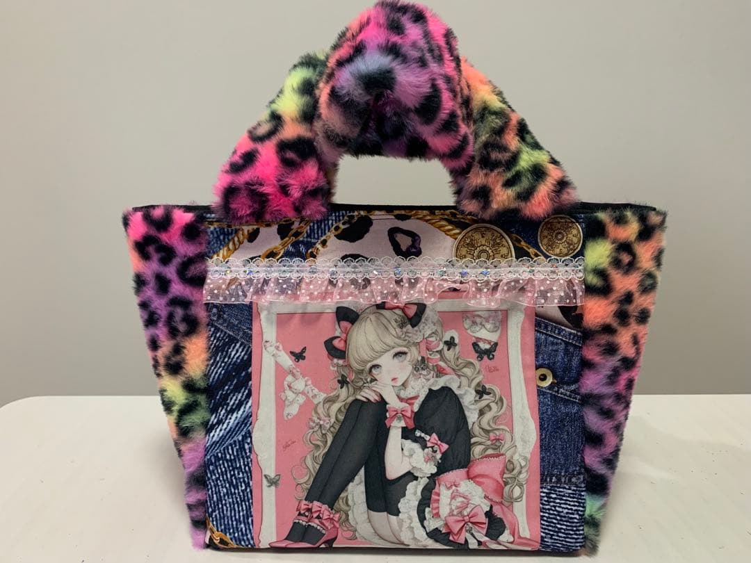 【確認用】バタフライレディカラフル豹柄ファーボックストート　ポーチ/マスコット付