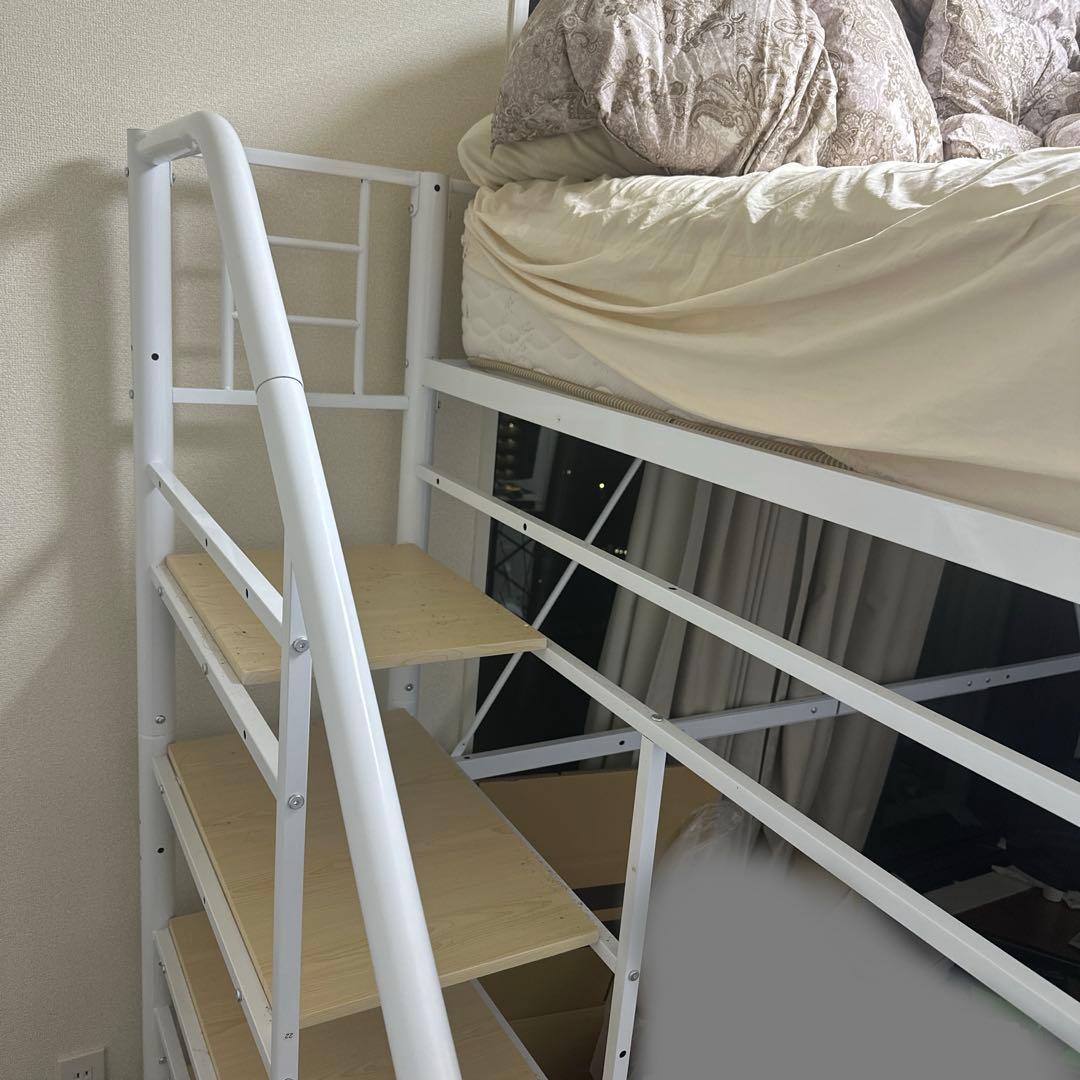 ロフトベッド 階段付き パイプベッド セミダブル　ハイタイプ スチール