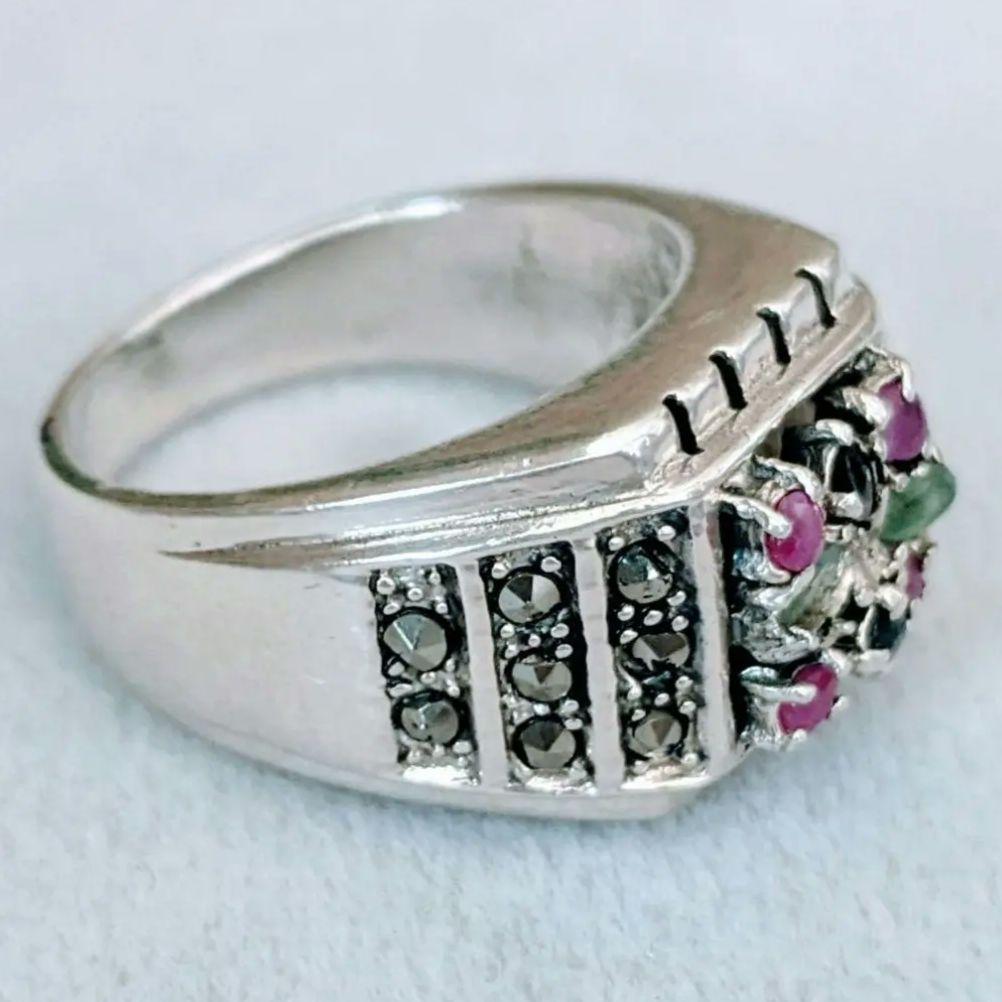 トルコ製 925silver 天然石 エメラルドルーサファイアビリング