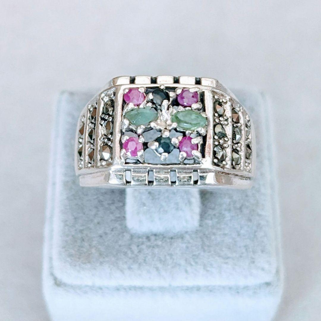 トルコ製 925silver 天然石 エメラルドルーサファイアビリング