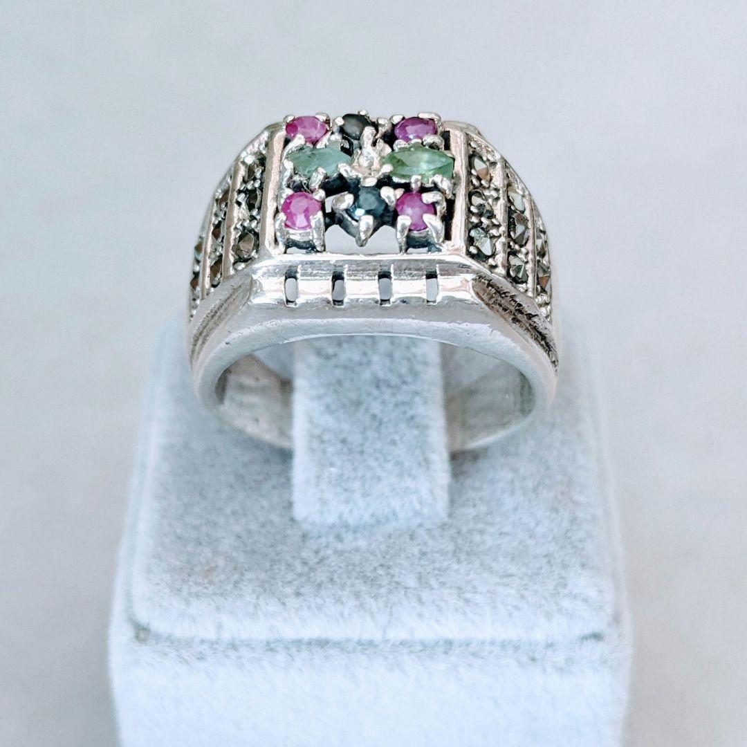 トルコ製 925silver 天然石 エメラルドルーサファイアビリング