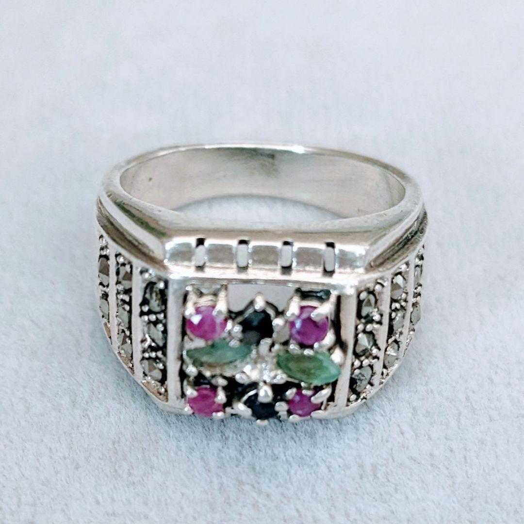 トルコ製 925silver 天然石 エメラルドルーサファイアビリング