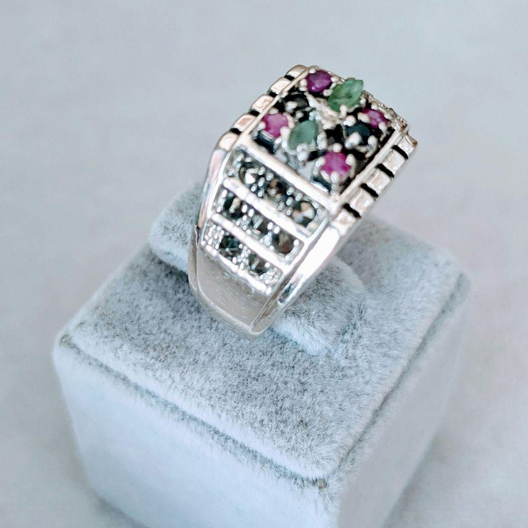 トルコ製 925silver 天然石 エメラルドルーサファイアビリング