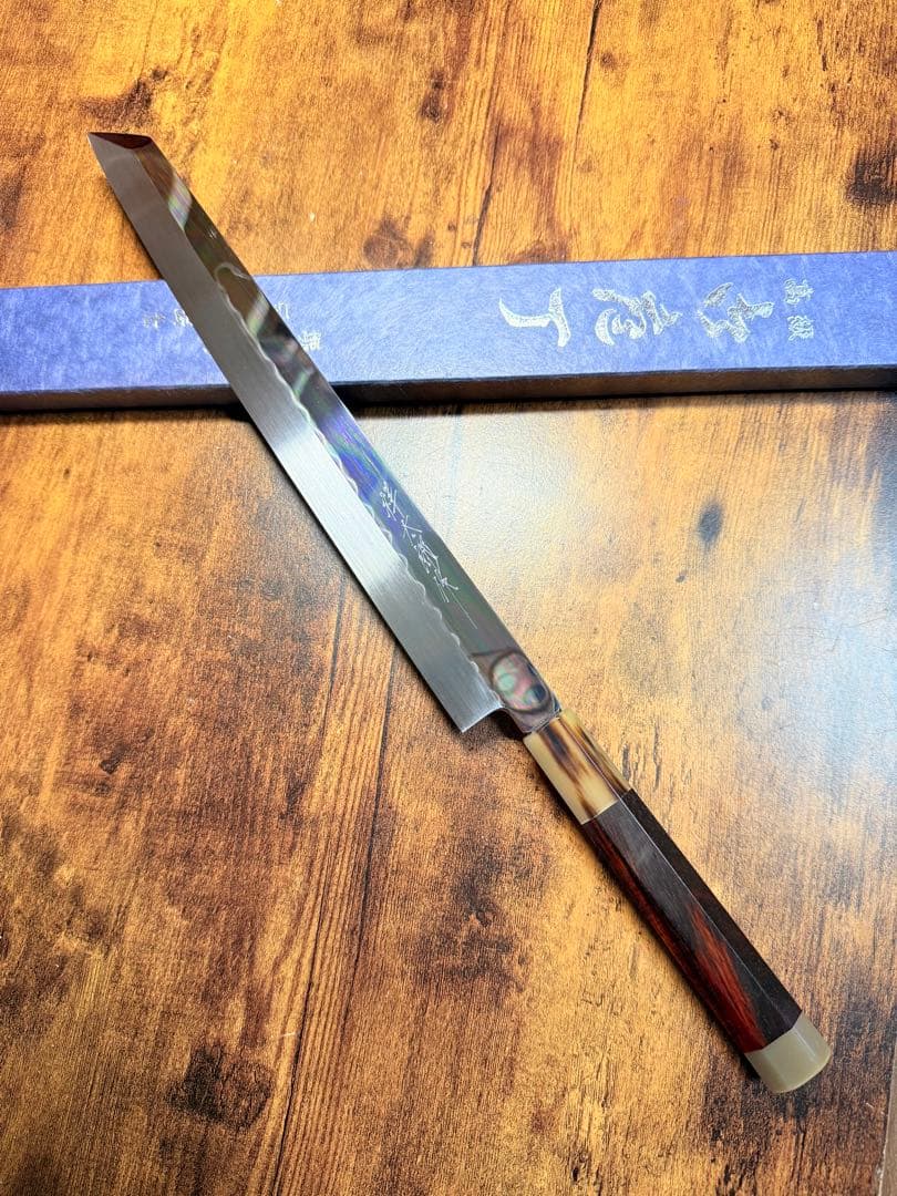 祥太郎作　左用　刺身 切付　本焼　白鋼　尺　鏡面　包丁　紫檀水牛八角柄