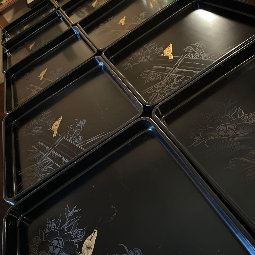 本堅地請合　漆　沈金　お盆×5