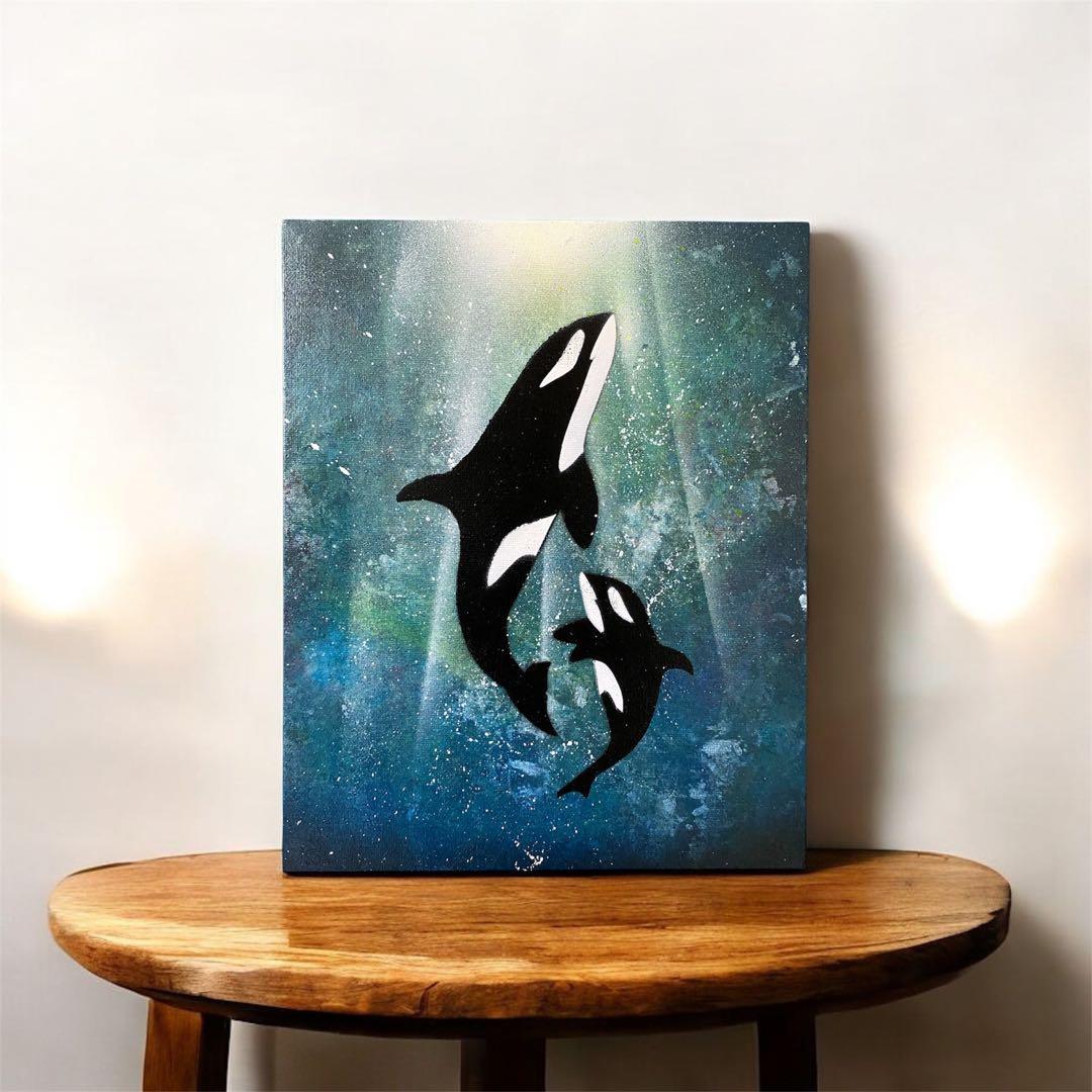 173】スプレーアート作品/海 シャチ 親子 光 泡 水 絵 絵画 神秘的