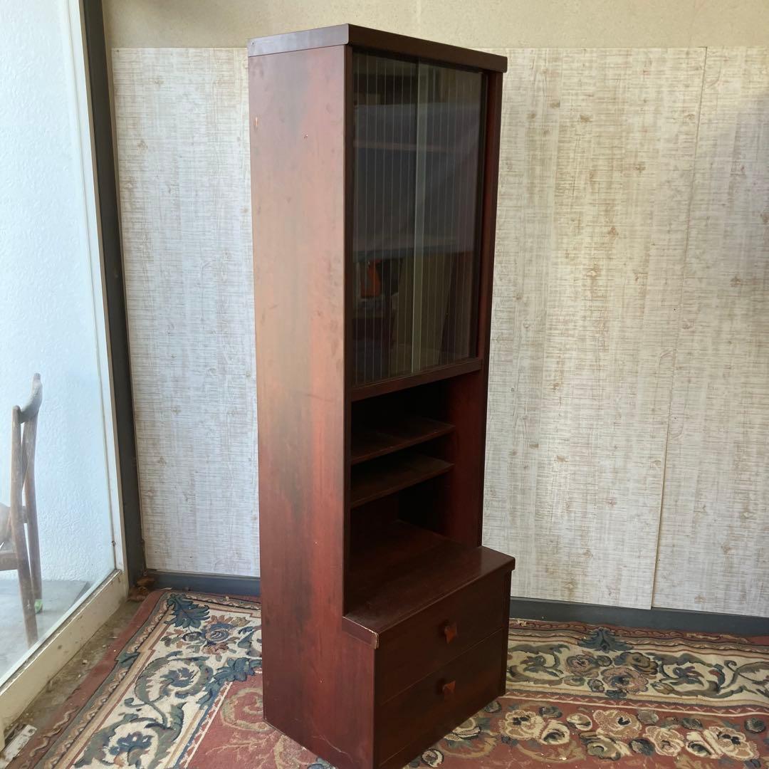 昭和レトロ 古家具 ストライプガラス戸 木製 食器棚 カップボード サイドボード