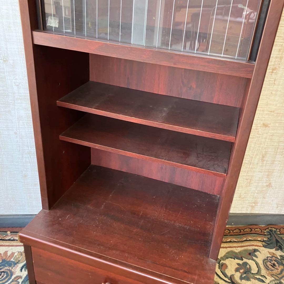 昭和レトロ 古家具 ストライプガラス戸 木製 食器棚 カップボード サイドボード