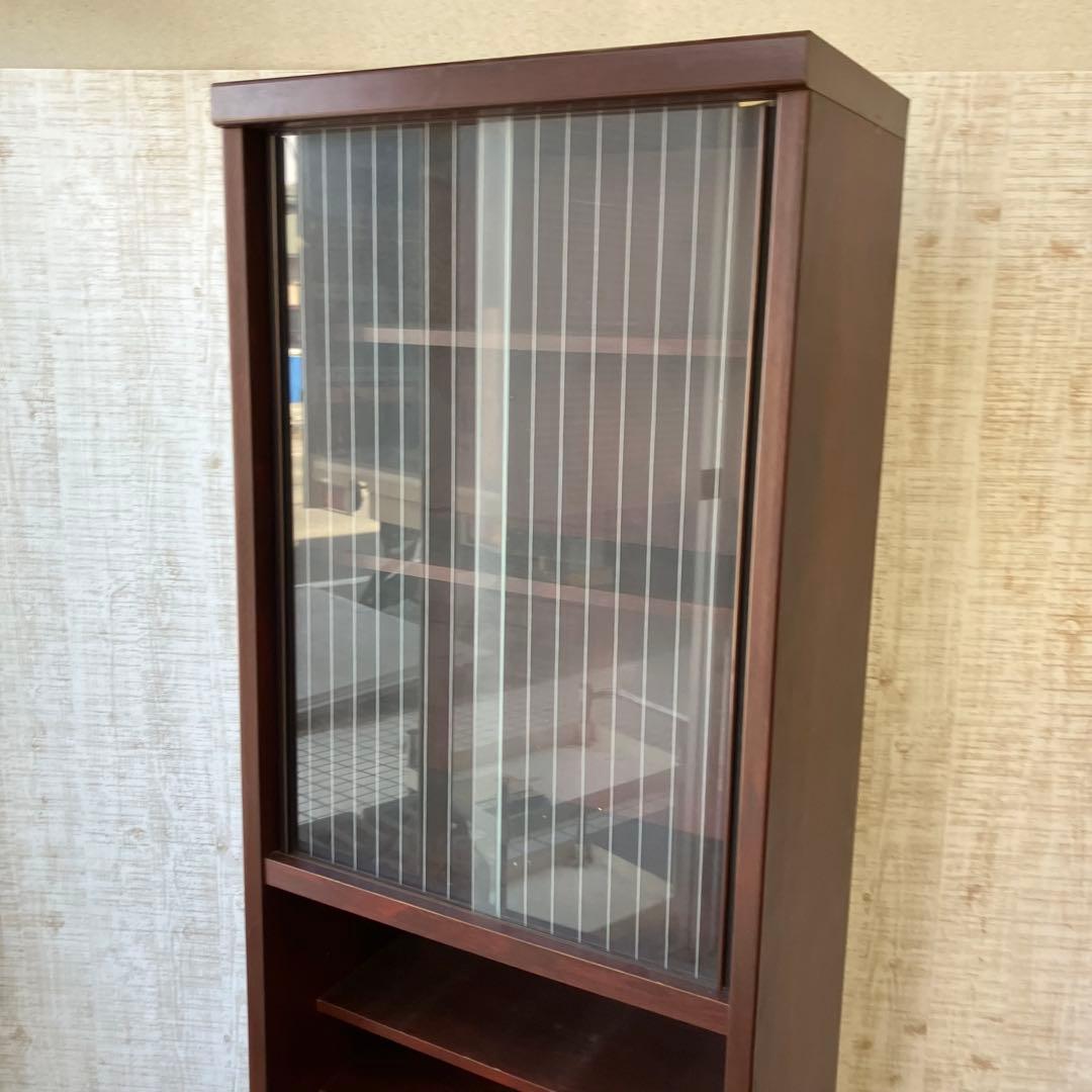 昭和レトロ 古家具 ストライプガラス戸 木製 食器棚 カップボード サイドボード