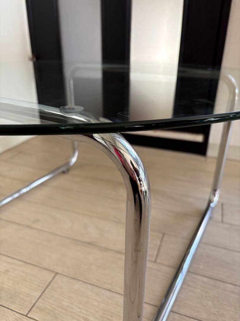 【美品】ガラステーブル 丸型 クリア×シルバー ミッドセンチュリー