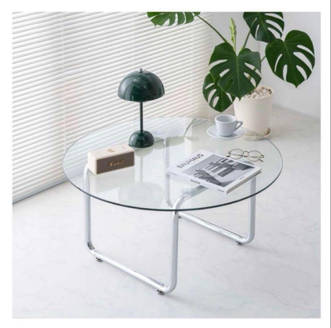 【美品】ガラステーブル 丸型 クリア×シルバー ミッドセンチュリー