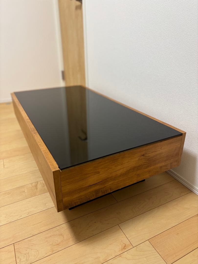 センターテーブル 黒ガラス天板 木製引き出し付き