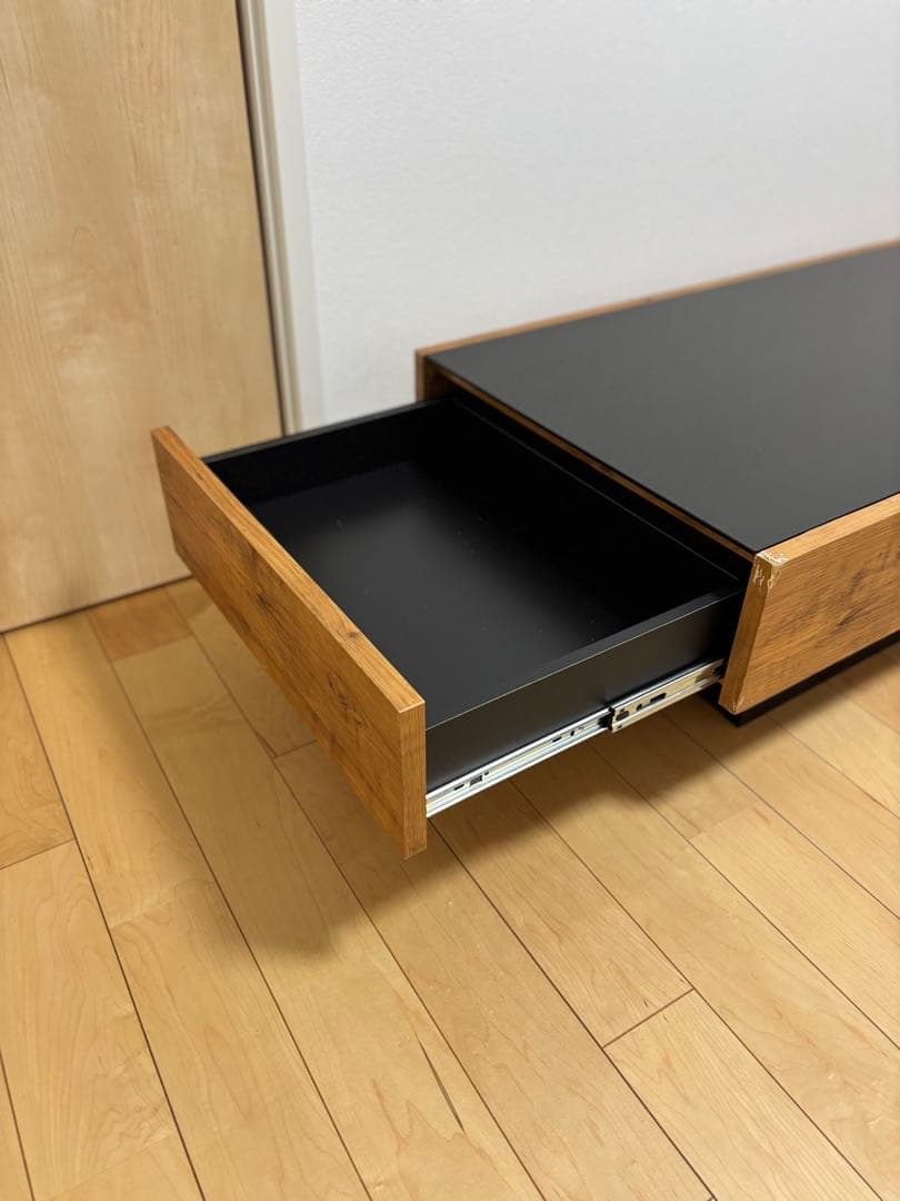 センターテーブル 黒ガラス天板 木製引き出し付き
