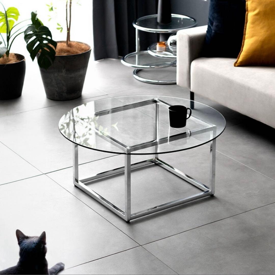 ガラステーブル センターテーブル 幅80 丸テーブル 韓国 シルバー クリア