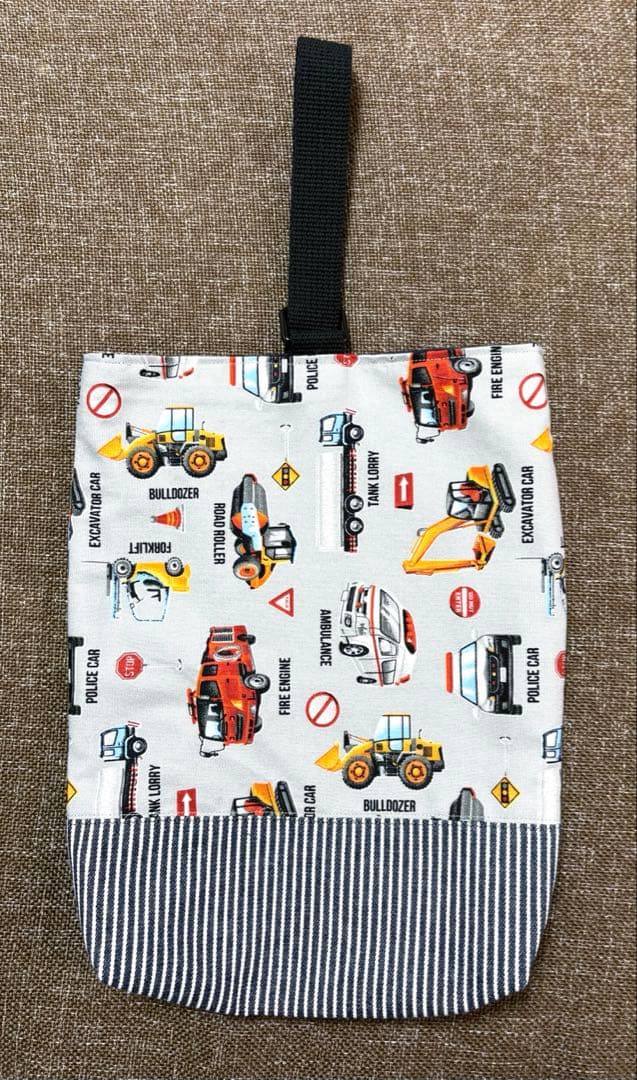 No.155 上履き入れ 男の子 働く車 消防車 ブルドーザー グレー