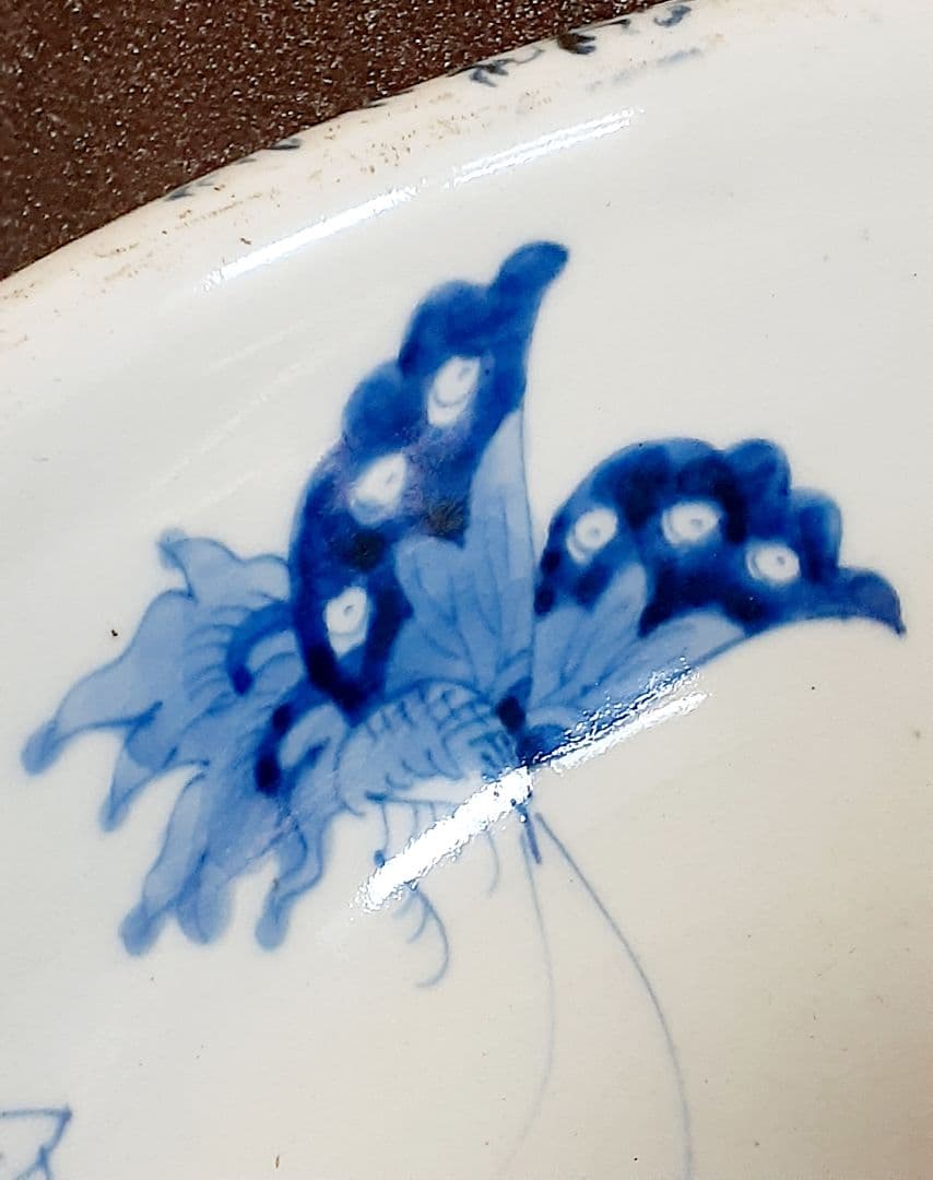 【大名品】江戸末期～明治初期　古伊万里　染付　菊花に蝶の図　特大38.1cm大鉢