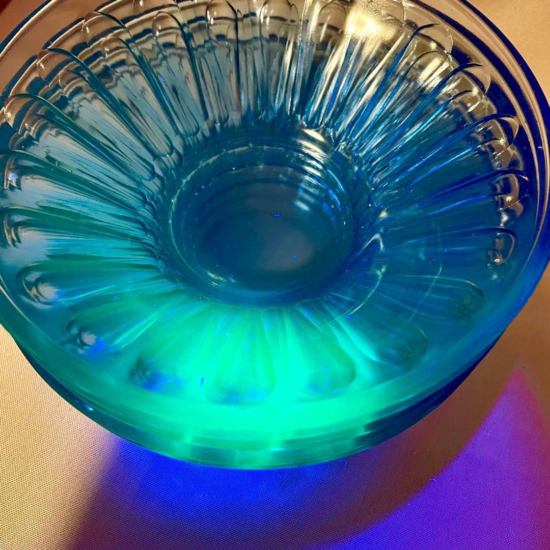 稀少】青 ブルー ウランガラス デザート器 皿 5つセット アンティーク