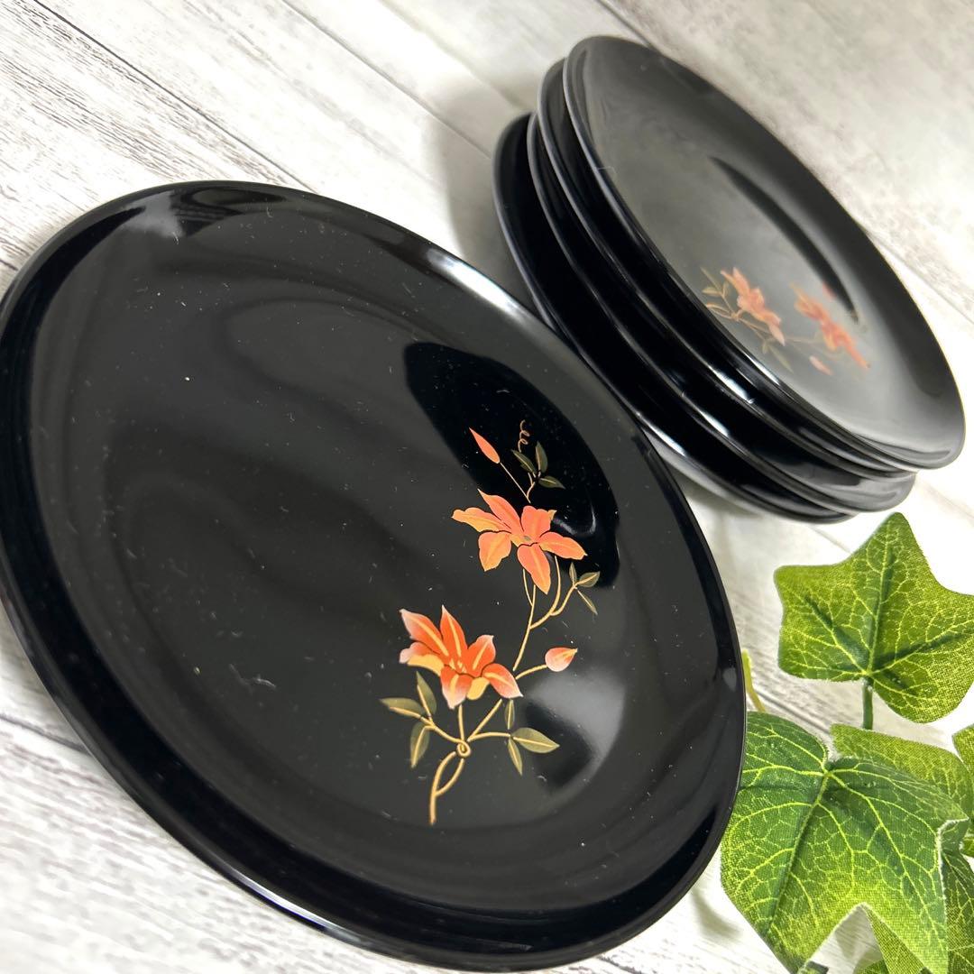 新品 会津塗 曽根工芸 漆器会津塗 花柄 金蒔絵 銘々皿 菓子皿 茶道具