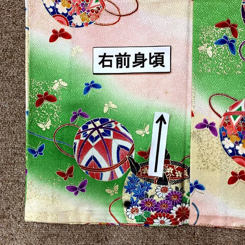 509ag34□七五三 七歳 女児 着物&袋帯 金彩 毬 糸車 蝶□美品